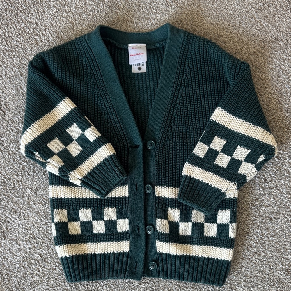 Hanna Andersson Dark Green Cardigan with Cream Checker Pattern